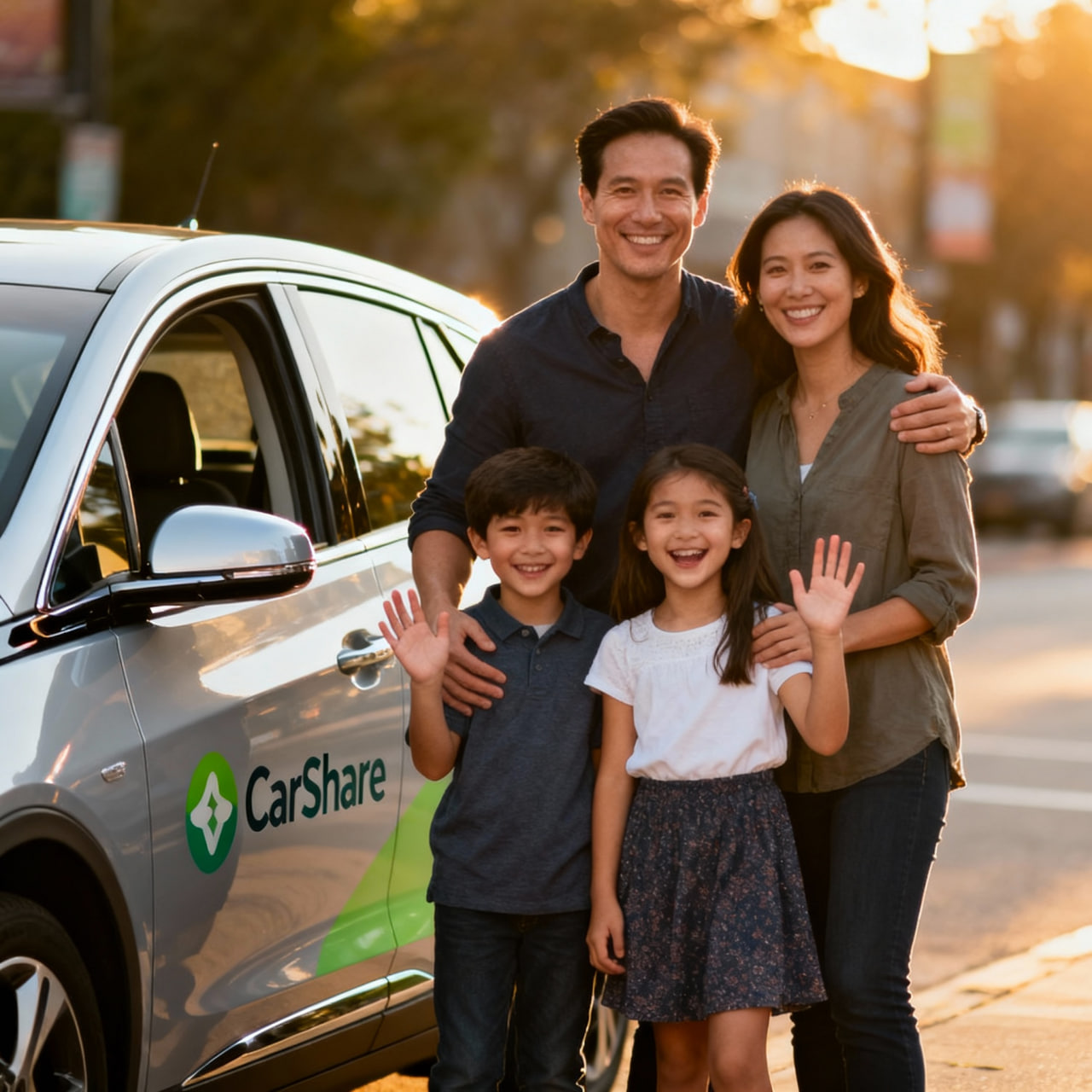 Family using car sharing service